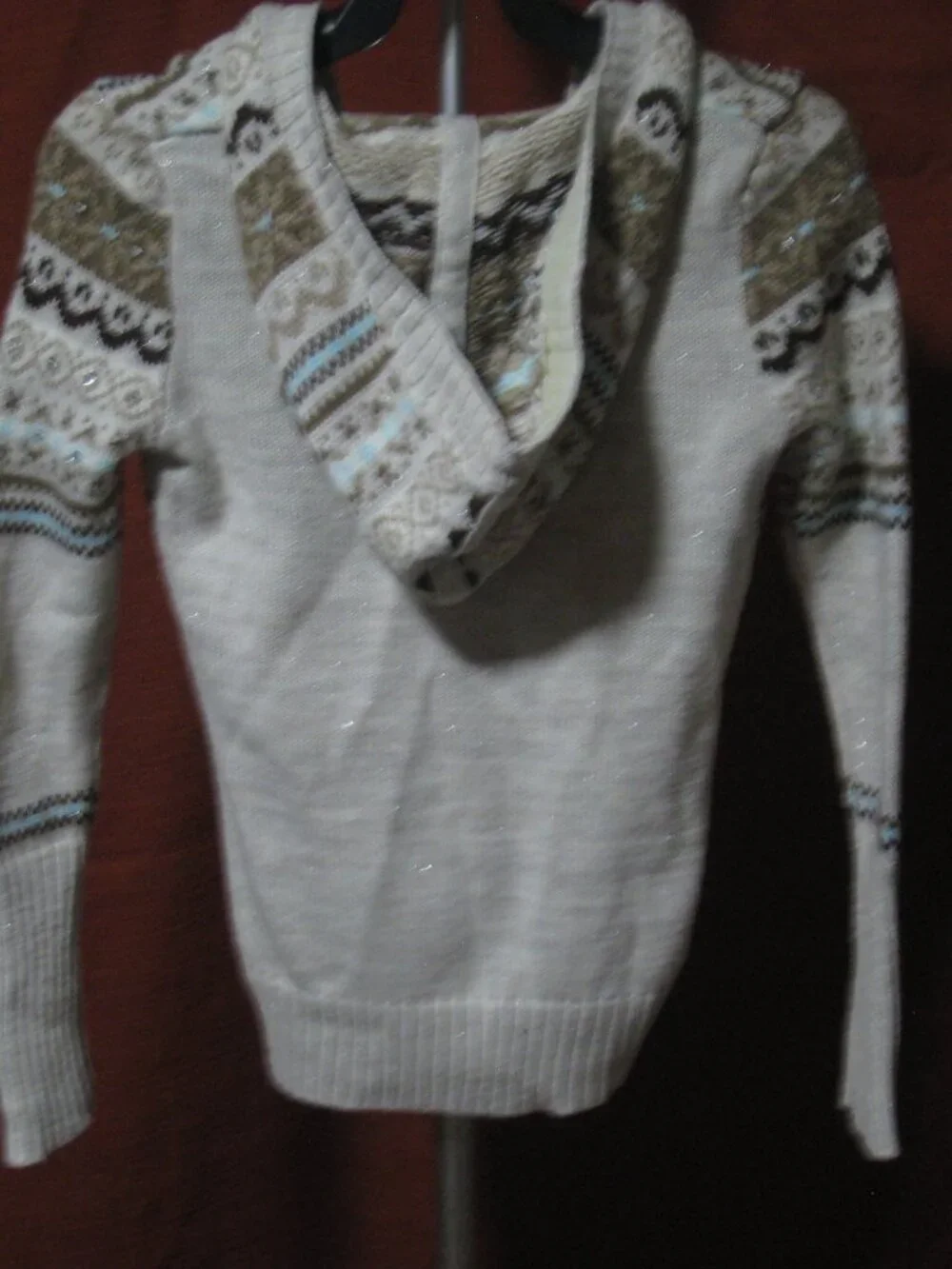 Justice Girls Fair Isle Hooded Cardigan Sweater Shimmer Knit Cream Size 10